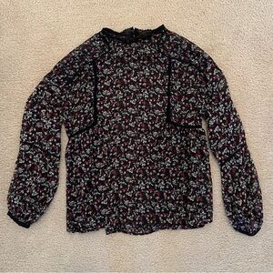 Zara Womens Chiffon Tops XS Black Floral Long Sleeve Sheer Crochet Peasant